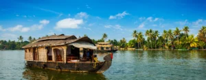 Kerala houseboat cruising through Alleppey backwaters with coconut trees is part of Kerala group tour packages by Kerala DMC booking